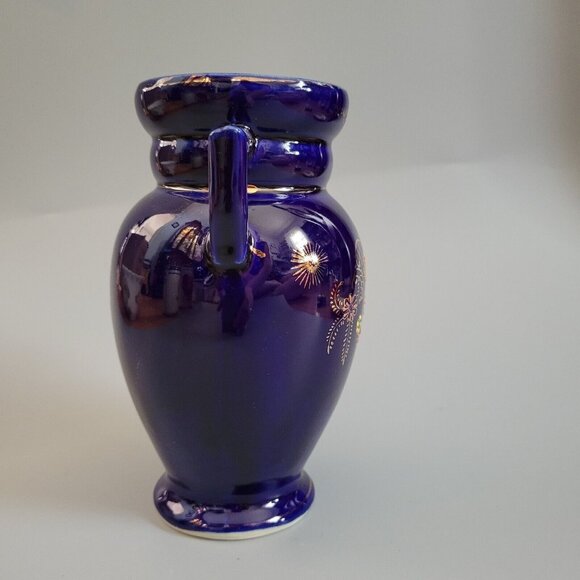 Vintage Kutani 6.5" Cobalt Blue Vase - Japan.  Hand Painted Flowers Two Handled - Picture 3 of 5